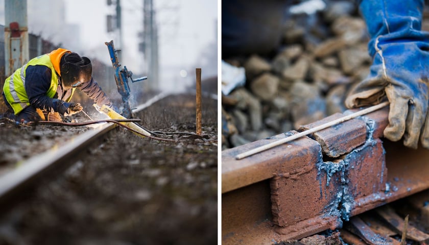 Zdjęcie podzielone na pół: z lewej - pracownik pogotowia torowego w masce ochronnej spawa szyny na ul. Legnickiej; po prawej - zbliżenie na uszkodzoną szynę i dłoń w rękawicy roboczej z prętem spawalniczym.