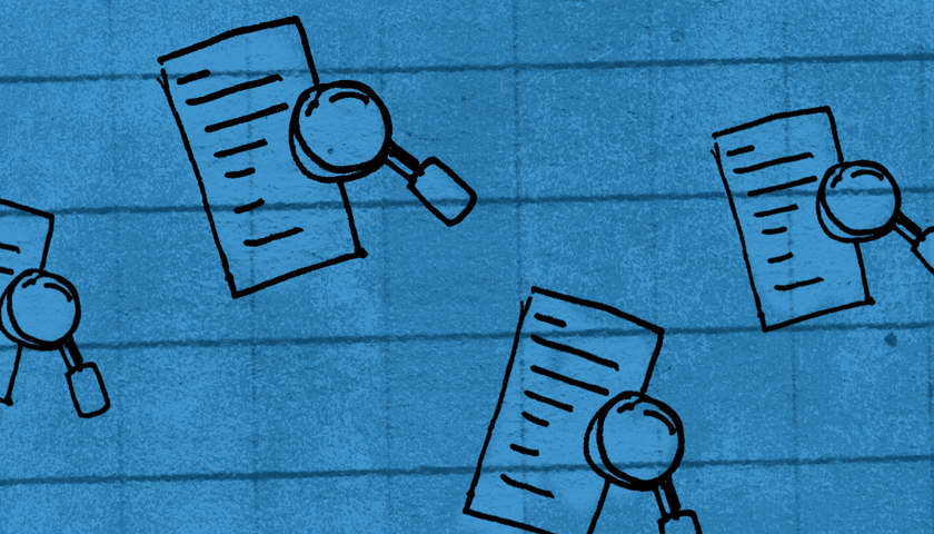 Grafika ilustracyjna. Motyw dokumentu i lupy powiększającej.