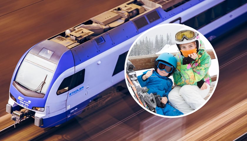 Pociąg PKP Intercity, kobieta z dzieckiem w kombinezonach narciarskich, w tle narty. zdjęcie ilustracyjne. W poniedziałek 9 lutego PKP Intercity zwiększyło pule promocyjnych biletów na pociągi IC/TLK oraz EIP i EIC