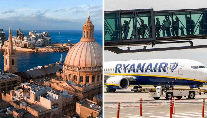 Po lewej: Malta, po prawej: samolot na płycie lotniska