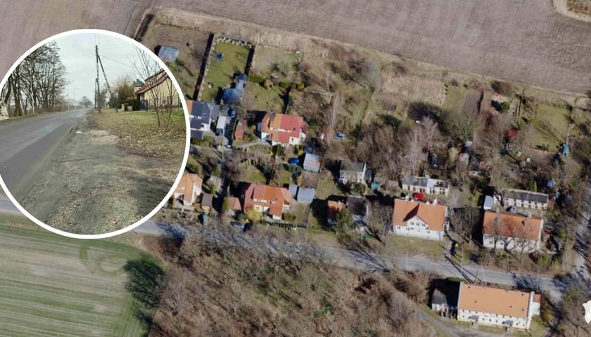 Zdjęcie główne: ulica Odolanowska od numeru 42 do 64, widok z lotu ptaka. W mniejszym okrągłym zdjęciu - aktualny widok na ul. Odolanowską.