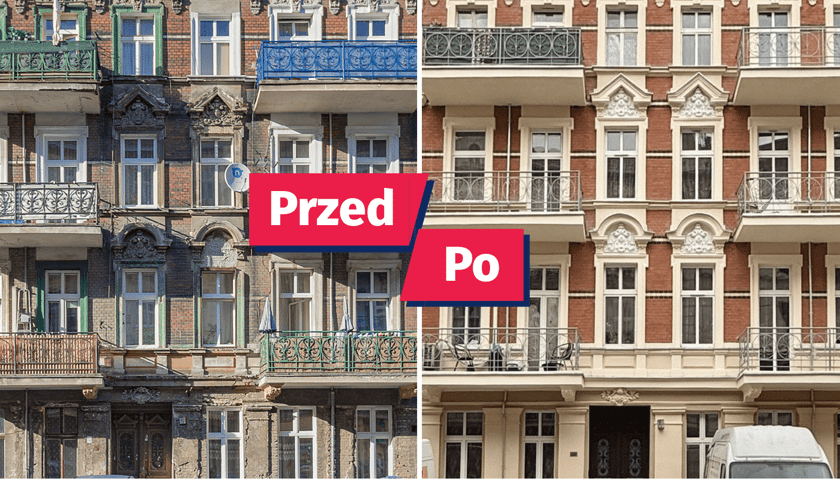 Kolaż 2 zdjęć: kmienica przy ul. Kluczborskiej 12 przed remontem (z lewej) i po nim (z prawej)
