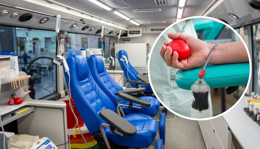 Wnętrze krwiobusa, w kółku: oddawanie krwi (zdjęcie ilustracyjne)