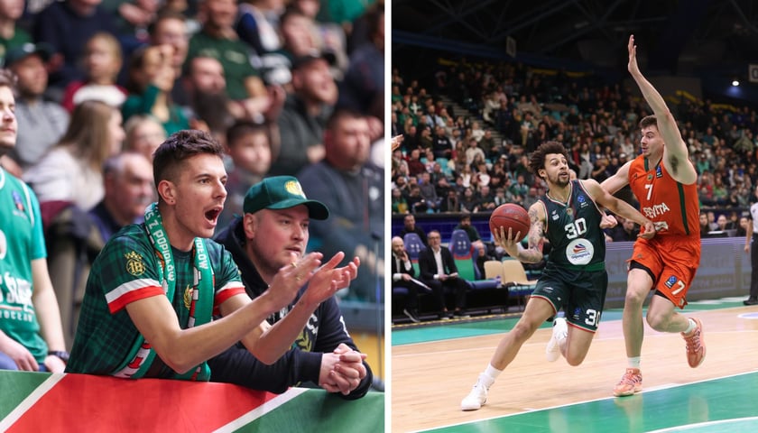 Zdjęcie podzielone na pół: po lewej - kibice WKS-u dopingujący na trybunach podczas meczu; po prawej - dwóch koszykarzy na parkiecie podczas meczu Śląsk Wrocław - Cedevita Olimpija Ljubljana, 10 lutego 2026 r. w Hali Orbita.