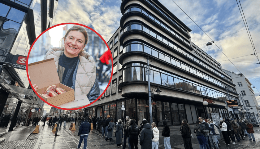 Kolejka do pączkarni na Oławskiej, w kółku: uśmiechnięta kobieta z pączkami