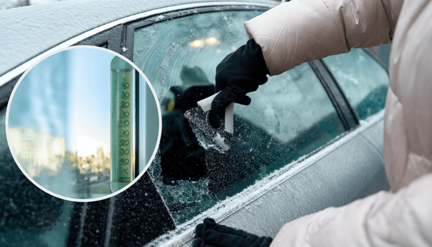 Kobieta oskrobuje szyby samochodu z lodu, w kółku termometr zewnętrzny za oknem