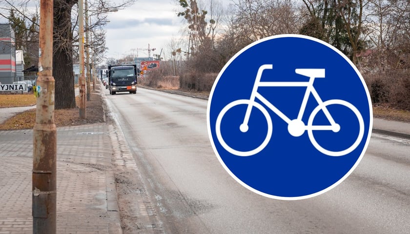Duże zdjęcie: ulica Awicenny, odcinek od torów kolejowych do Stanisławowskiej. Tu drogę rowerową wybuduje deweloper. Na małym obrazku w kółku znak "droga dla rowerów"  