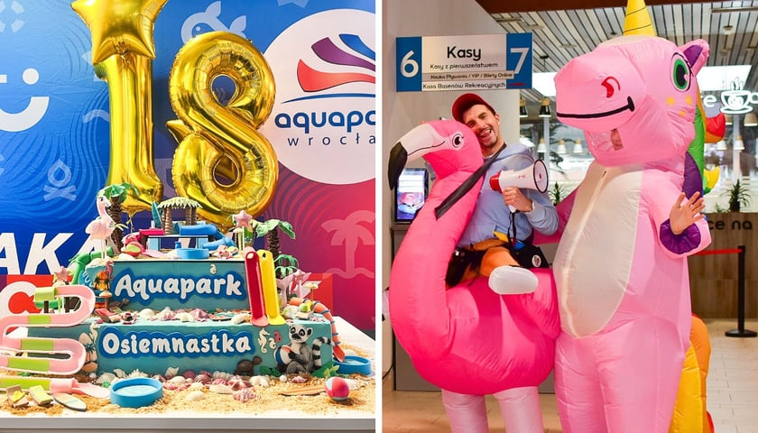 18. urodziny Aquaparku przy ul. Borowskiej, z lewej strony okolicznościowy tort, z prawej maskotki pozujące do wspólnych zdjęć