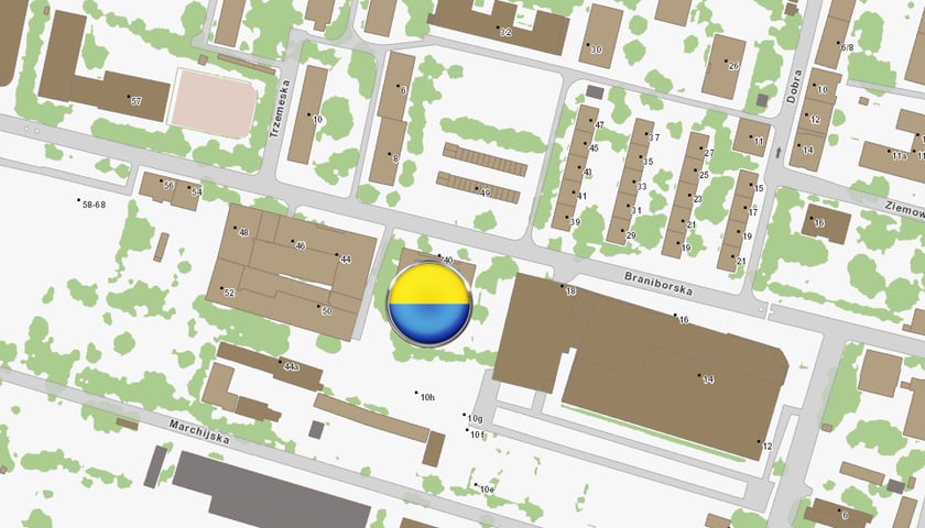 Mapa Wrocławia z zaznaczonym punktem Blue Dot przy ul. Braniborskiej 40