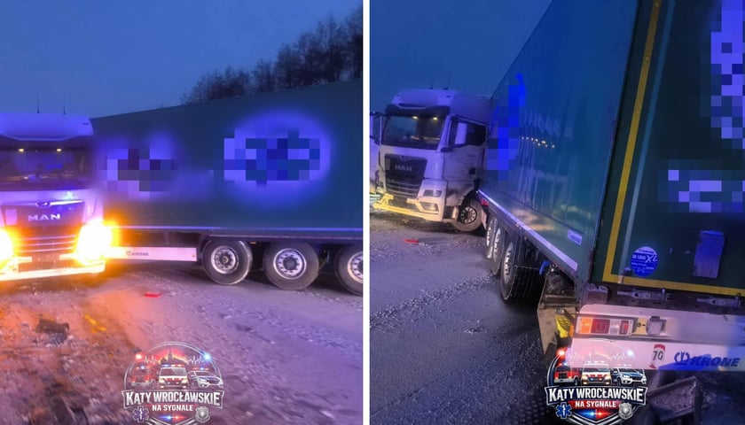 Ciężarówka stoi w poprzek jezdni i blokuję autostradę A4 w rejonie węzła Kąty Wrocławskie