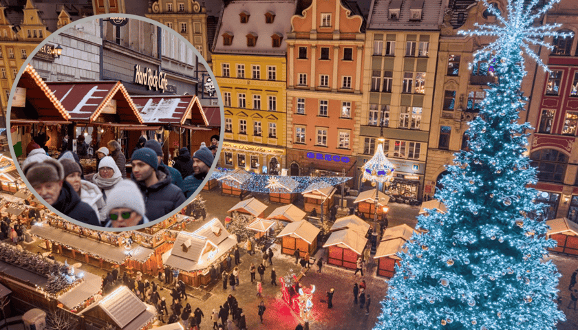 На тлі — різдвяний ярмарок на Ринку, знімок з дрона; в колі ліворуч — група гостей ярмарку