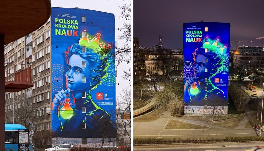 Мурал з Марією Склодовською-Кюрі на двох фотографіях: при денному світлі та в темряві