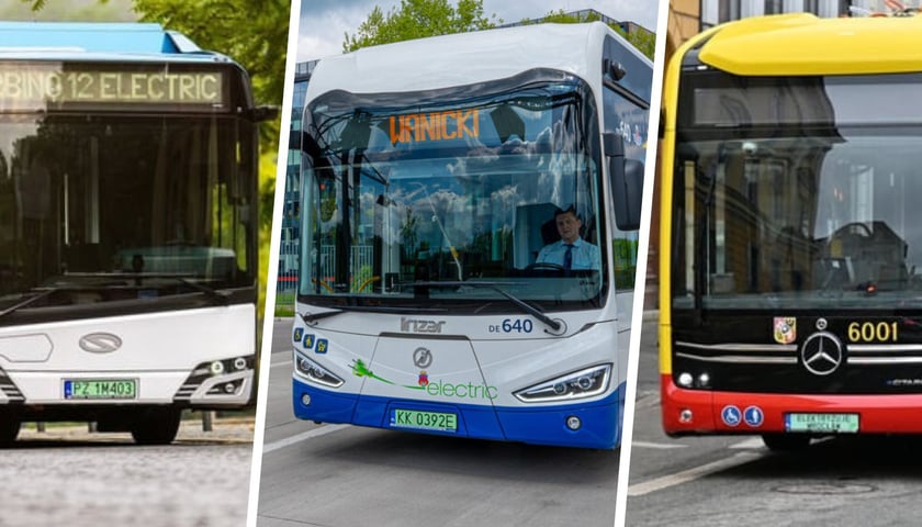 Na pierwszym zdjęciu autobus elektryczny marki Solaris, na drugim Irizar, a na trzecim Mercedes