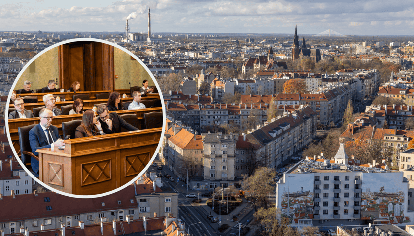 W kółku: zdjęcie z obrad Rady Miejskiej, w tle osiedle Ołbin, widok z akademika Kredka