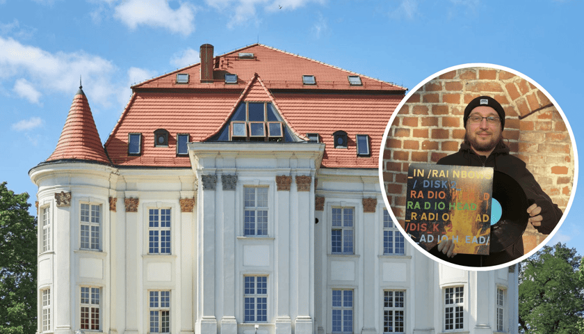 Kolaż 2 zdjęć: w tle OPT Zamek na osiedlu Leśnica we Wrocławiu, w kółku Kamil Downarowicz, pomysłodawca Wrocławskiego Klubu Melomana z albumem "In Rainbows" (2007) brytyjskiej grupy Radiohead