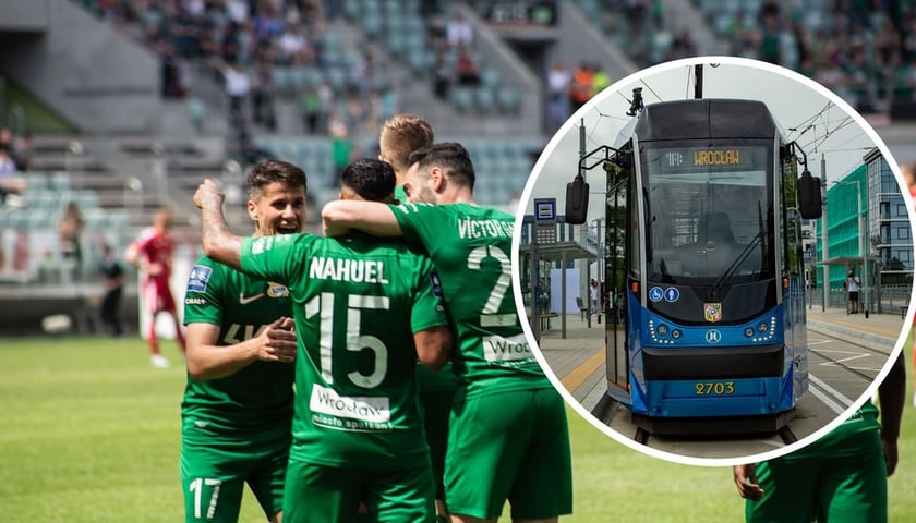W tle: zdjęcie ilustracyjne z meczu, w kółku: tramwaj MPK Wrocław