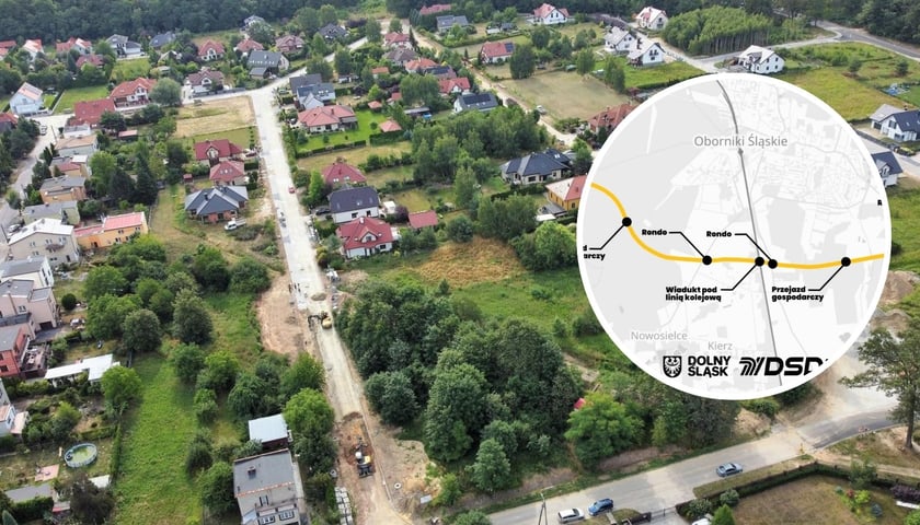 Zdjęcie ilustracyjne - widok z lotu ptaka na część Obornik Śląskich, w prawej części okrągły kadr z mapą przedstawiająca przebieg przyszłej obwodnicy.