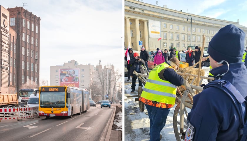 Zestawienie 2 zdjęć. Z lewej  ul. Traugutta ze zwężeniem, z prawej rolnicy z sianem pod urzędem wojewódzkim
