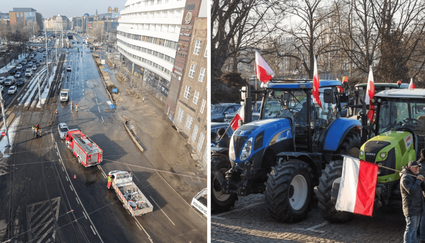 Z lewej awaria magistrali wodociągowej przy ul. Traugutta, w rejonie budynku OVO w czwartek 19 lutego, z prawej protest rolników przed Urzędem Wojewódzkim we Wrocławiu w styczniu 2026 roku