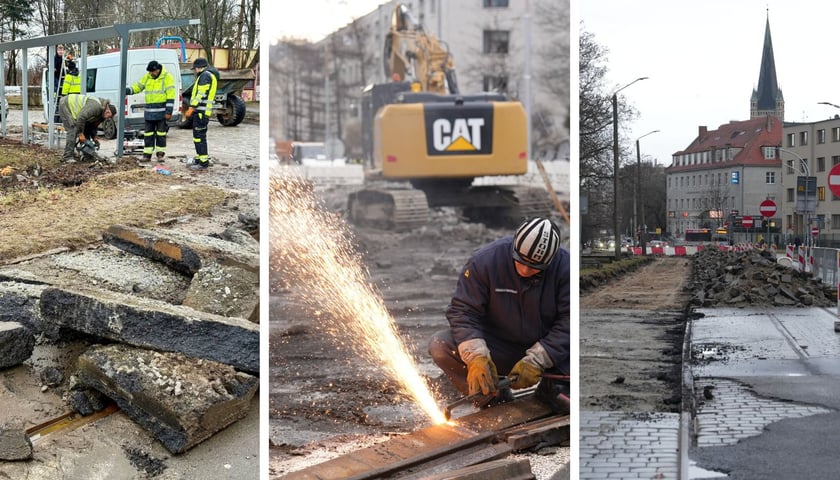 Trzy zdjęcia z trzech inwestycji: przebudowa pętli "Sępolno" (fot. Krzysztof Saj), remont torowiska na skrzyżowaniu Glinianej i Borowskiej (fot. Oleksandr Poliakovsky) i przebudowa Gajowickiej (fot. Oleksandr Poliakovsky)