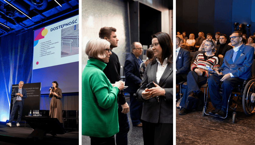 Kolaż 3 zdjęć przedstawiających konferencję "Dostępność w turystyce", Wrocław, hotel The Bridge, 23 lutego 2026 