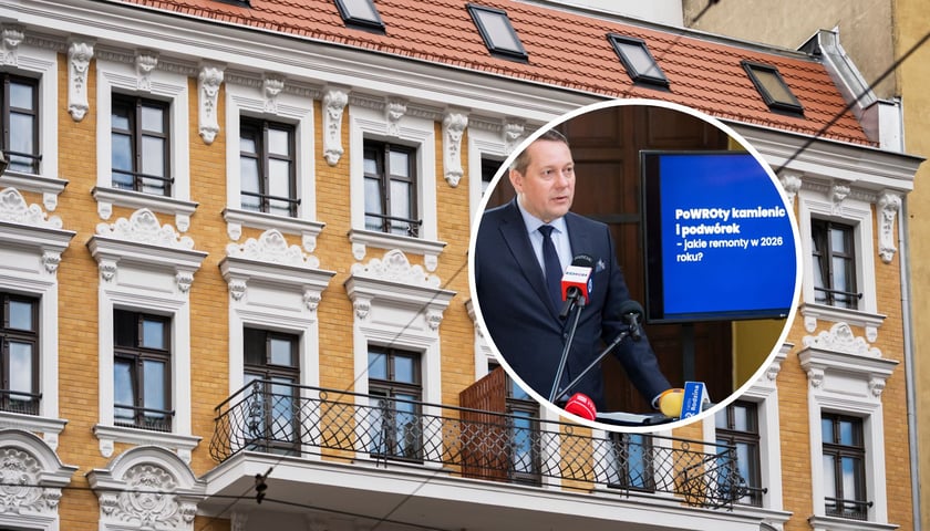 Zdjęcie odnowionej kamienicy przy ul. Jedności Narodowej. Zdjęcie małym kole z prawej strony - Michał Młyńczak, wiceprezydent Wrocławia podczas konferencji prasowej na temat planowanych remontów kamienic i podwórek w 2026 r.