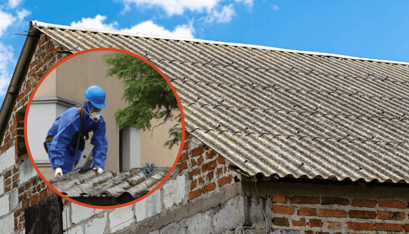 W tle dach domu pokryty azbestem, w kółku z lewej pracownik w maseczce usuwający azbest z dachu