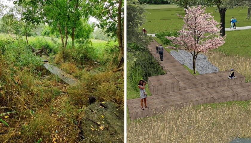 Ilustracja podzielona na dwie części: po lewej zdjęcie terenu między ulicami Przybyły i Kardamonową; po prawej - wizualizacja przedstawiająca planowane pomosty na tych terenach.