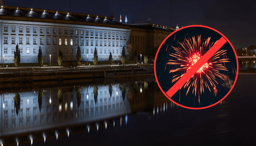 Urzad Wojewódzki nocą, w kółku przekreślone fajerwerki