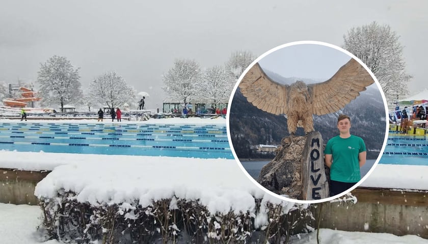 Kolaż dwóch zdjęć. W tle: Basen na świeżym powietrzu w Malveno we Włoszech, 3-7.02.2026. W kółku: Mateusz Pawlica, student AWF Wrocław.