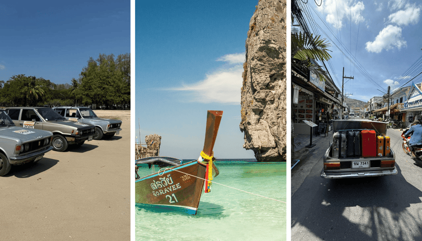 Kolaż 3 zdjęć. Od lewej: auta uczestniczące w wyprawie, wyspa Phuket w Tajlandii, jedno z aut biorących udział w wyprawie z otwartym bagażnikiem pełnym walizek