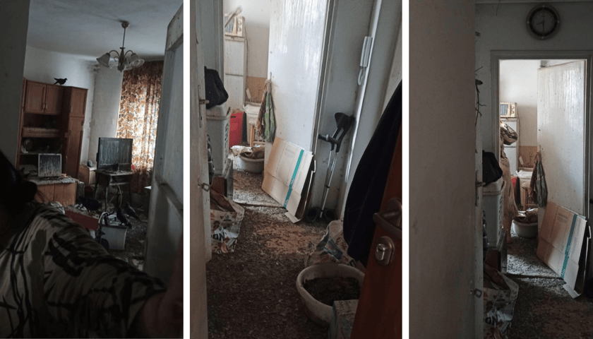 Na wszystkich trzech zdjęciach jest mieszkanie - podłogi i meble pokryte ptasimi odchodami, gołębie