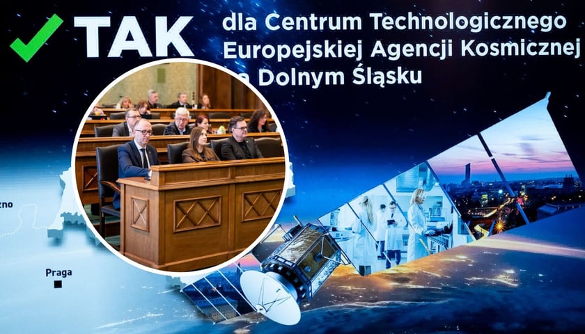 Grafika "Tak dla Centrum Technologicznego Europejskiej Agencji Kosmicznej na Dolnym Śląsku". Na małym zdjęciu sesja Rady Miejskiej, zdjęcie archiwalne ze stycznia 2026 roku 