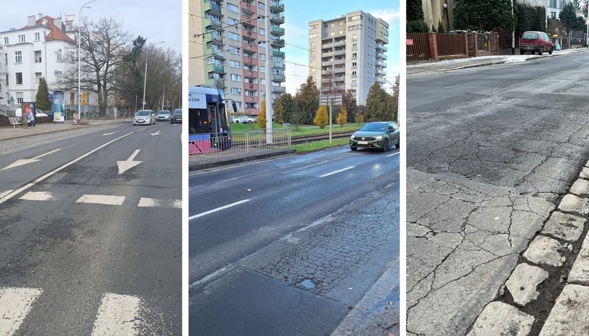 Zdjęcie złożone z trzech części pokazujące fragmenty ulic, które zostaną wyremontowane: z lewej - ul. Powstańców Śląskich, w środku - ul. Grabiszyńska, z prawej - ul. Łużycka.