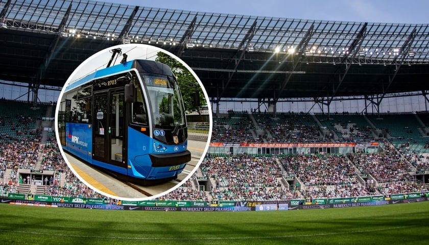 Zdjęcia ilustracyjne. Na dużym Tarczyński Arena, na małym tramwaj MPK Wrocław 