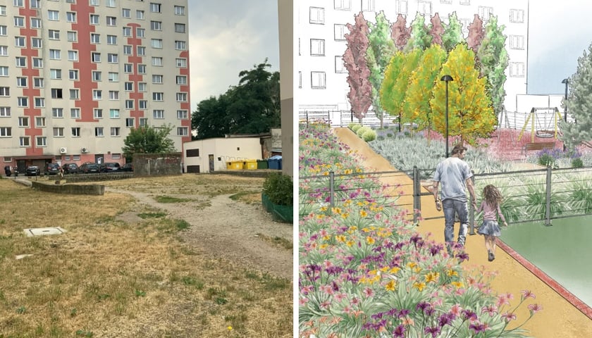 Po lewej podwórko w stanie obecnym, po prawej na wizualizacjach po remoncie