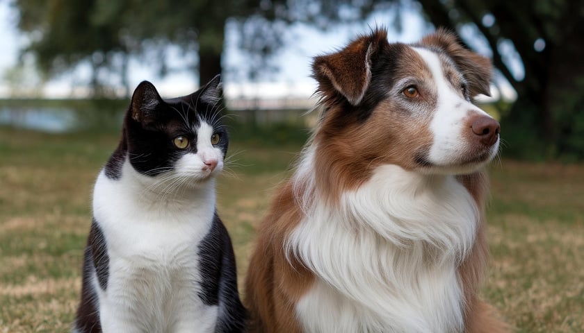 Od lewej: czarno-biały kot, obok brązowo-biały pies