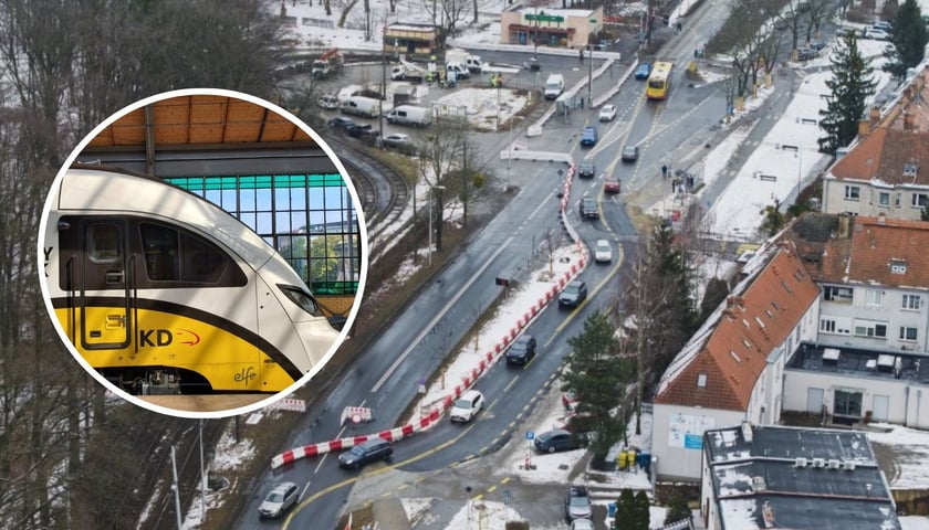 Zdjęcie z lotu ptaka początek prac na pętli tramwajowej Sępolno 212 lutego 2026 r. W lewym górnym rogu okrągłe zdjęcie pociągu Kolei Dolnośląskich.