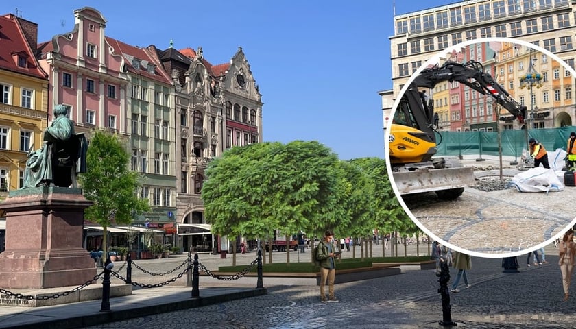 Візуалізація, що показує фрагмент Ринку з пам’ятником Фредрі після висадження нових дерев — у правій частині накладено круглий кадр зі світлиною демонтажу бруківки на площі Ринок. 