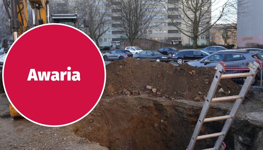W tle: wykop przy ulicy Lubuskiej, usuwanie awarii ciepłowniczej. W kółku: napis awaria na czerwonym tle.