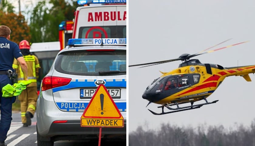 Policjant podczas akcji ratunkowej na drodze, śmigłowiec LPR, zdjęcie ilustracyjne