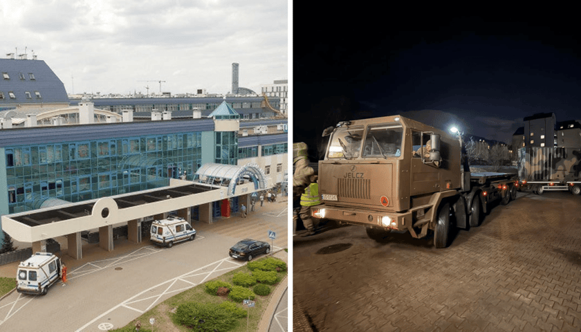 Z lewej budynek USK we Wrocławiu, z prawej ciężarówki, które przywiozły agregaty prądotwórcze