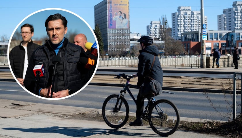 W tle: rowerzysta, w kółku: Robert Bednarski, zastępca dyrektora Wydziału Promocji Miasta i Turystyki Urzędu Miejskiego Wrocławia ds. SmartCity