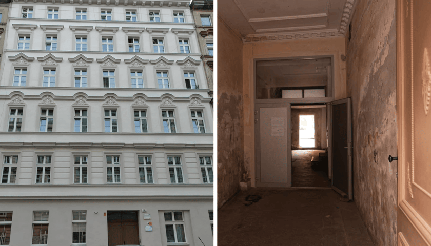 Po lewej stronie zdjęcia wyremontowana kamienica przy Więckowskiego 20, po prawej klatka schodowa przed remontem