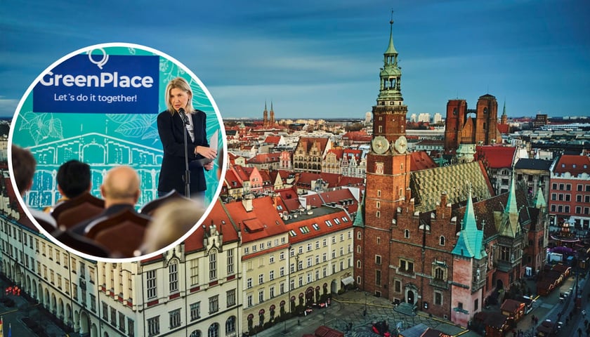 W tle: wrocławski Stary Ratusz, widok z drona. W kółku: wiceprezydent Wrocławia Renata Granowska na tle planszy z napisem "GreenPlace. Let's do it together!"