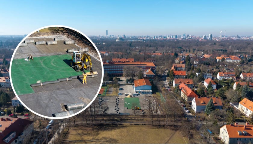 Remont boiska Spartan na Sępolnie, widok z drona. Wrocław, 03.03.2026