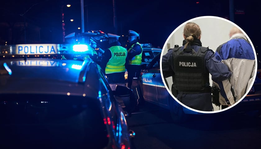 W tle - policyjne radiowozy po zmroku, zdjęcie ilustracyjne. W kółku - policjantka prowadząca skutego zatrzymanego