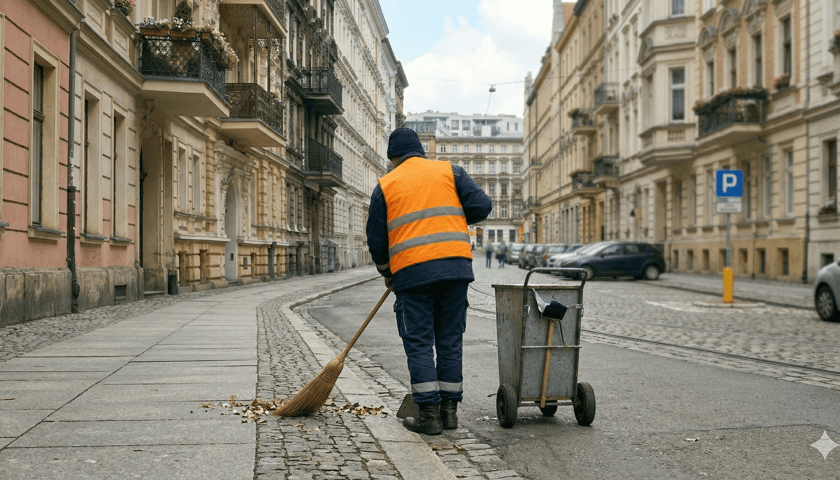 Osoba zamiatająca chodnik przed kamienicą. Obraz wygenerowany przez sztuczną inteligencję 