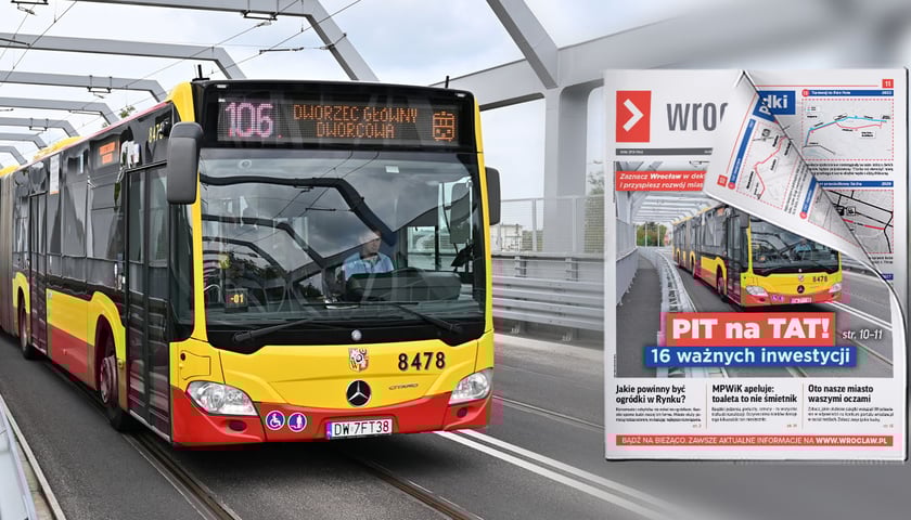 Żółto-czerwony autobus komunikacji miejskiej jadący wiaduktem Trasy Autobusowo-Tramwajowej na Nowy Dwór 