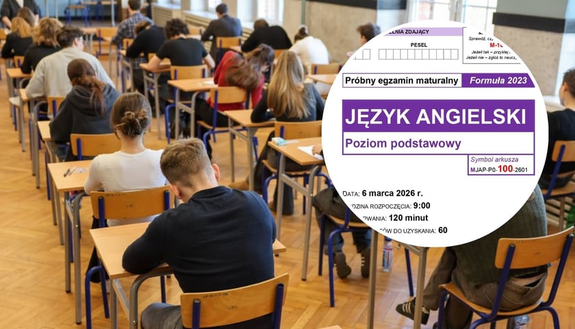 Próbna matura w LO nr VII przy ul. Kruczej we Wrocławiu, w kółku: arkusz matury próbnej z języka angielskiego